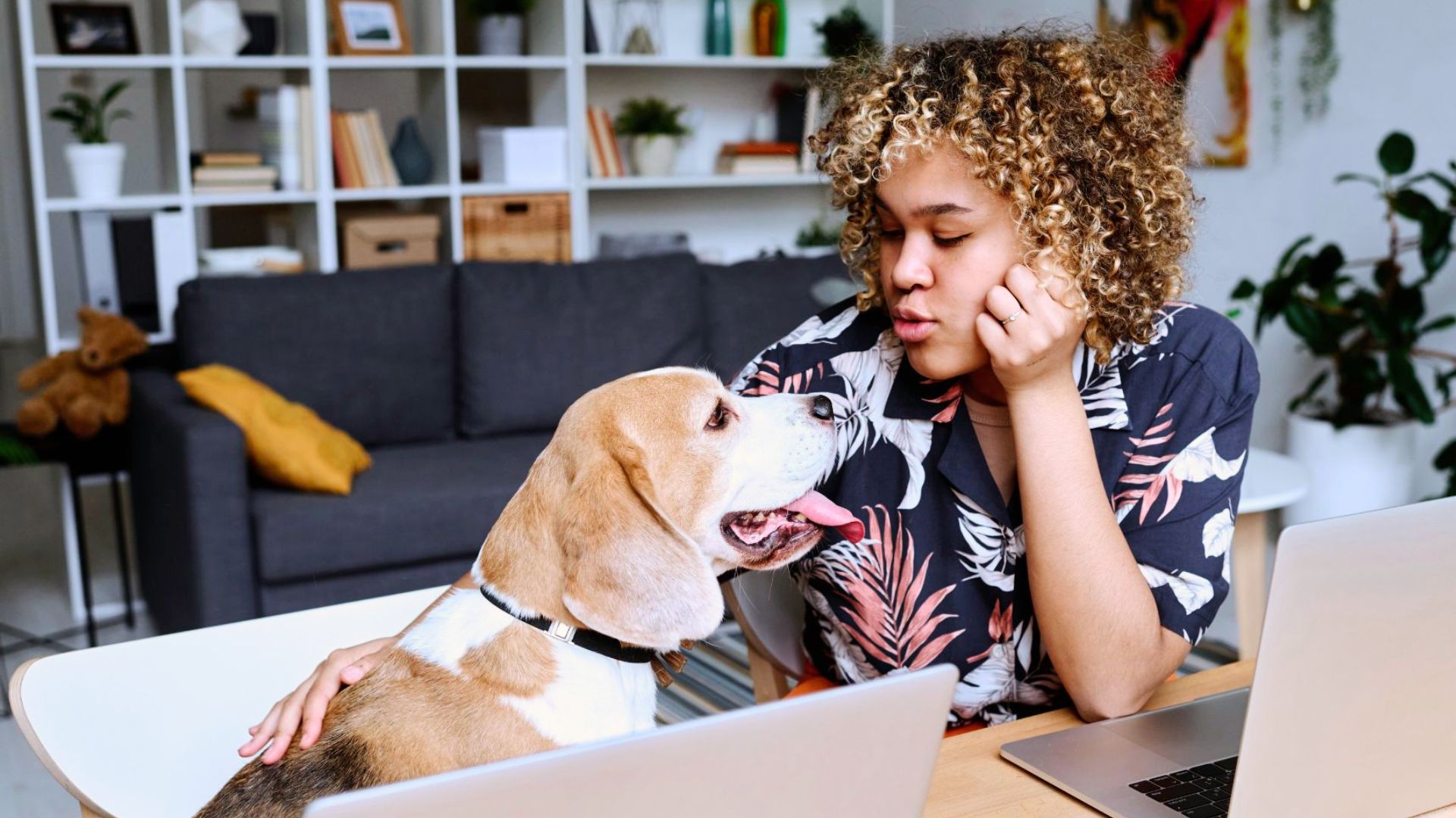 woman working at table next to affectionate dog